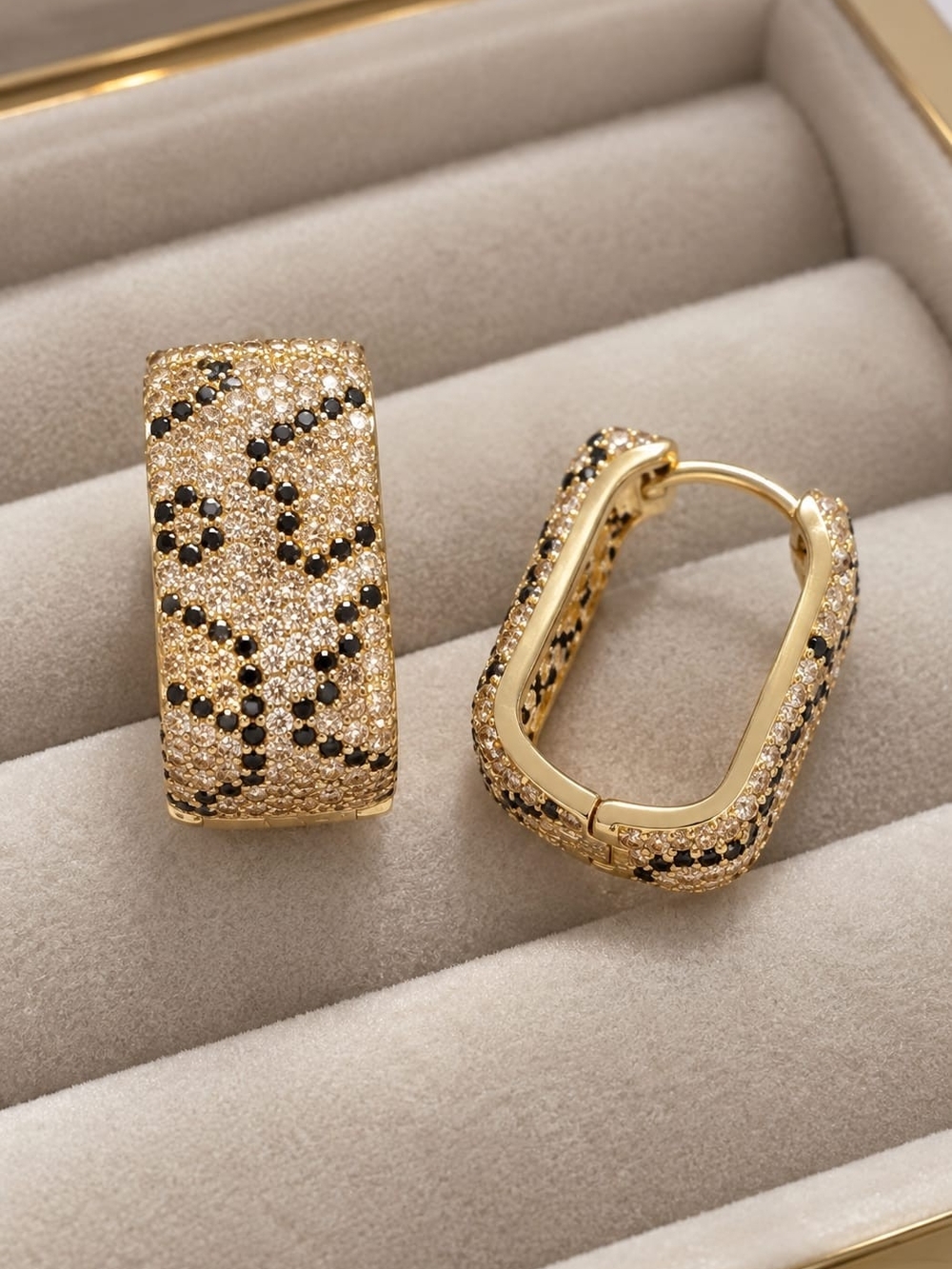 Gold Pavé Huggie Earrings with Black Accent Stones